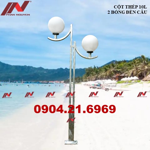 Cột thép sân vườn mạ kẽm 10L lắp 2 bóng đèn cầu