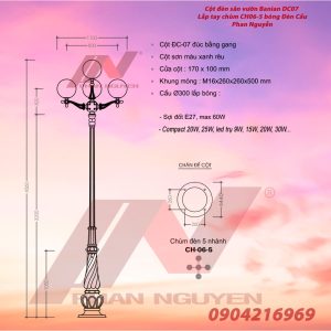 Cột đèn sân vườn Banian tay chùm 5 bóng